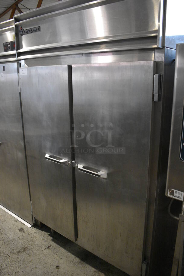 Victory RSA-2D-S7-PT Stainless Steel Commercial 2 Door Reach In Pass Through Cooler w/ Poly Coated Racks. 115 Volts, 1 Phase. 52x34x84. Tested and Powers On But Does Not Get Cold