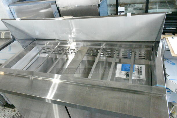 BRAND NEW SCRATCH AND DENT! 2024 Avantco 178SSPT60MHC Stainless Steel  60" 2 Door Mega Top Stainless Steel Refrigerated Sandwich Prep Table on Commercial Casters. 115 Volts, 1 Phase. Tested and Working! - Image 5 of 10