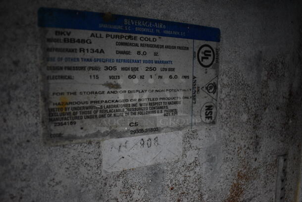 Beverage Air BB48G Metal Commercial 2 Door Back Bar Cooler Merchandiser. 115 Volts, 1 Phase. BUYER MUST REMOVE. 48x25x34. Item Was in Working Condition on Last Day of Business. (Susquehanna Ale House) - Image 5 of 6