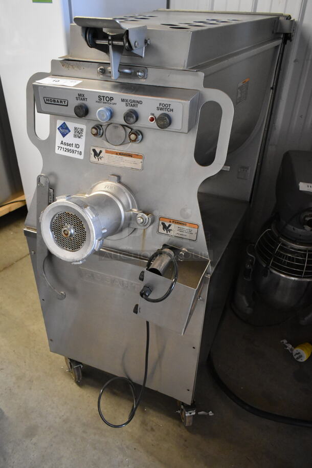 Hobart MG2032 Metal Commercial Floor Style Electric Powered Meat Mixer Grinder w/ Foot Pedal on Commercial Casters. 208 Volts, 3 Phase. Tested and Working!