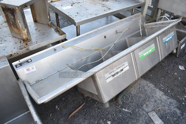 Aero Stainless Steel Commercial 3 Bay Sink w/ Left Side Drain Board. No Legs. 75x24x25. Bays 18x18x12. Drain Board 16x20x1 - Image 5 of 5