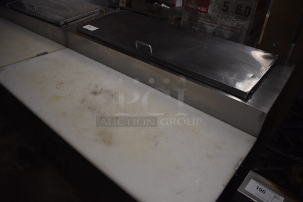Avantco 178PICL1 Stainless Steel Commercial Pizza Prep Table w/ Oversized Cutting Board on Commercial Casters. 115 Volts, 1 Phase. 50x37x46. Tested and Powers On But Does Not Get Cold - Image 3 of 6