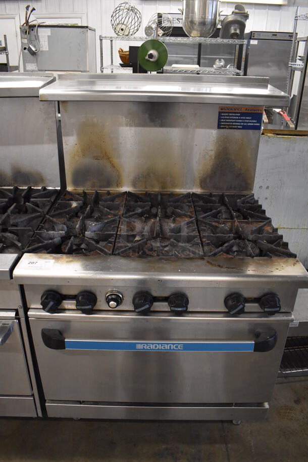 Radiance Stainless Steel Commercial Natural Gas Powered 6 Burner Range w/ Oven, Over Shelf and Back Splash. 36x33x57