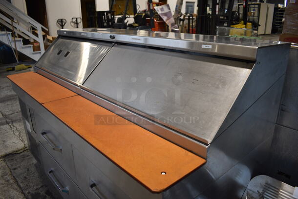 Randell Stainless Steel Commercial Sandwich Salad Prep Table Bain Marie Mega Top w/ Cutting Boards and 4 Drawers on Commercial Casters. 72x36x47. Tested and Powers On But Does Not Get Cold - Image 4 of 7