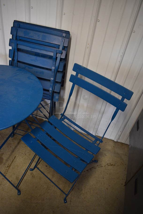 ALL ONE MONEY! Set of 4 Blue Metal Folding Chairs and Blue Metal Round Table. 23.5x23.5x31, 16.5x16.5x31 - Image 3 of 3
