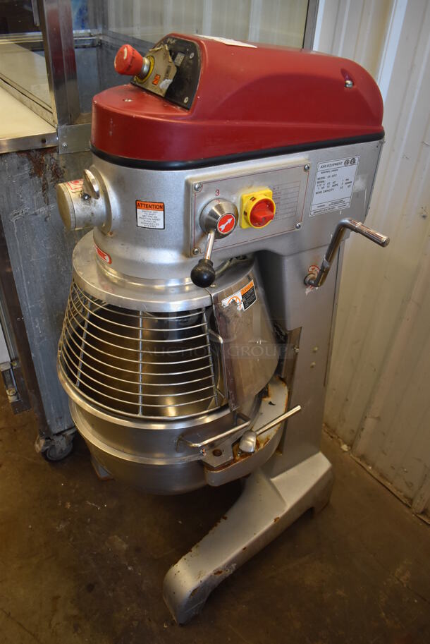 Axis AX-M30 Metal Commercial Floor Style 30 Quart Planetary Dough Mixer w/ Stainless Steel Mixing Bowl, Bowl Guard and Dough Hook Attachment. 110 Volts, 1 Phase. 22x25x44. Tested and Does Not Power On