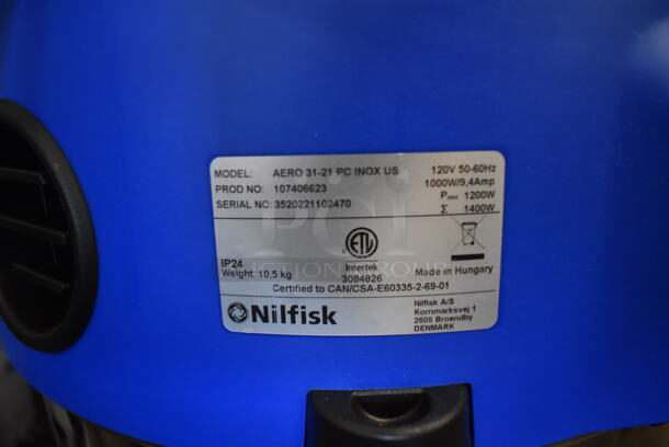BRAND NEW IN BOX! Nilfisk AERO 31-21 PC INOX US Poly Blue and Black Shop Vac Vacuum Cleaner. 120 Volts, 1 Phase. 16x15x26. Tested and Working! - Image 7 of 9