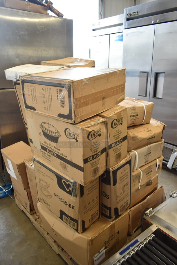 PALLET LOT of 23 BRAND NEW Boxes Including 2 Box 129MCR32B Choice 32 oz. Black Round Microwavable Heavy Weight Container with Lid 7 1/4" - 150/Case, 2 Box PP8835-BK Containers, Ivory PP883s Containers, PP883-BK Containers, 127P2B Choice Black 2 oz Portion Cups, 130HFBK1M Visions Black Heavy Weight Plastic Fork - Case of 1000, 4 Box Lancaster Table and Seating 164TB2222 22" x 22" Cross Cast Iron Table Base Plate. 23 Times Your Bid! - Image 1 of 9