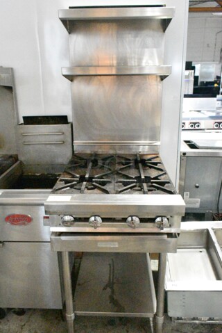 Stainless Steel Commercial Gas Powered 4 Burner Range w/ 2 Tier Over Shelf and Under Shelf. 