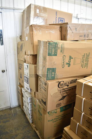 PALLET LOT of 60 BRAND NEW Boxes Including 3 Box 129MCS16B Choice 16 oz. Black 8" x 5 1/4" x 1 1/2" Rectangular Microwavable Heavy Weight Container with Lid - 150/Case, 760SOUP8KFT EcoChoice 8 oz. Kraft Paper Food Cup with Vented Lid - 250/Case, Dart 8J8 8 oz. White Customizable Foam Cup - 1000/Case, 128HD12COMBO ChoiceHD 12 oz. Microwavable Translucent Plastic Deli Container and Lid Combo Pack - 240/Case, 10 Boxes 130SERVSP8BK Choice 8 1/2" Black Disposable Plastic Serving Spoon - 72/Case, 130HFCL1M Visions Clear Heavy Weight Plastic Fork - Case of 1000, 394345L Noble NexGen Powder-Free Disposable Black Hybrid 3 Mil Thick Gloves - Large - 1000/Case, 500CT4 Choice 4 oz. Clear PET Parfait Insert - 1000/Case, 760IC06G Choice 6 oz. Green Paper Frozen Yogurt / Food Cup - 1000/Case, 500TO963 Choice 9" x 6" x 3" Microwaveable 1-Compartment Black / Clear Plastic Hinged Container - 100/Case, 5004DNAPWH Choice White Linen-Feel 1/8 Fold Dinner Napkin - 800/Case, 260SSPC11 Choice 11" Mirror Finish Stainless Steel Plate Cover, 127RD12BULK Choice 12 oz. Customizable Microwavable Translucent Round Deli Container - 500/Case, 3234X6DTFWH Lavex 4" x 6" White Direct Thermal Permanent Fanfold Label Stack - 4/Case, Choice 2 oz Portion Cups, 130HBKCUTTW Visions Individually Wrapped Black Heavy Weight Plastic Teaspoon - 1000/Case, 130WSPOON Choice Medium Weight White Plastic Teaspoon - 1000/Case. 60 Times Your Bid! 