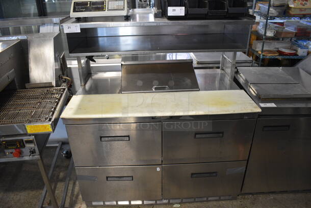 Delfield Stainless Steel Commercial Sandwich Salad Prep Table w/ 4 Drawers and Over Shelf. 48x33x55. Tested and Powers On But Does Not Get Cold - Image 1 of 6