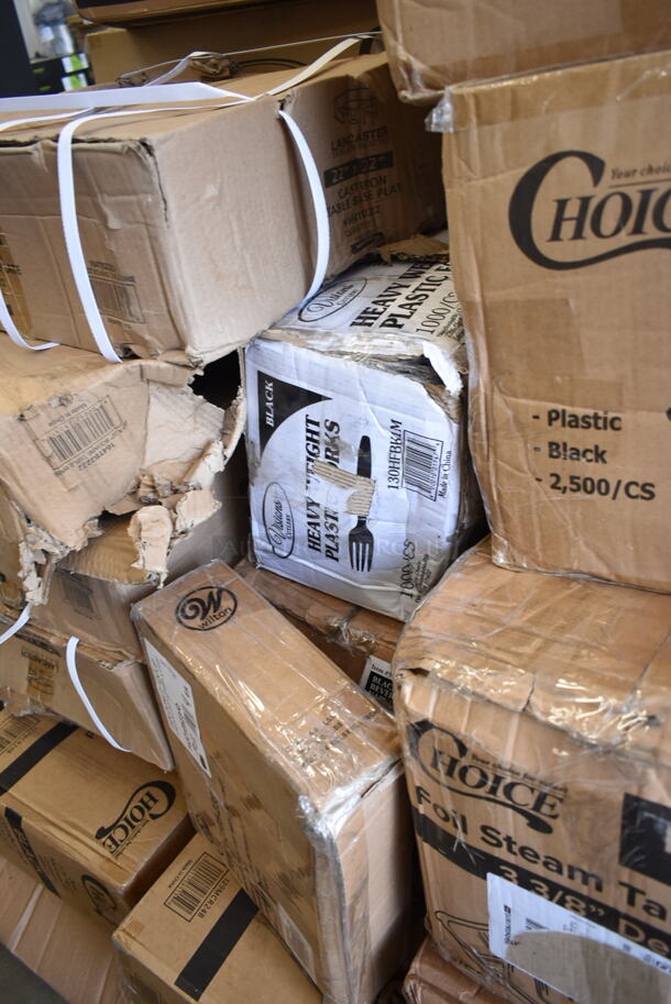 PALLET LOT of 23 BRAND NEW Boxes Including 2 Box 129MCR32B Choice 32 oz. Black Round Microwavable Heavy Weight Container with Lid 7 1/4" - 150/Case, 2 Box PP8835-BK Containers, Ivory PP883s Containers, PP883-BK Containers, 127P2B Choice Black 2 oz Portion Cups, 130HFBK1M Visions Black Heavy Weight Plastic Fork - Case of 1000, 4 Box Lancaster Table and Seating 164TB2222 22" x 22" Cross Cast Iron Table Base Plate. 23 Times Your Bid! - Image 8 of 9