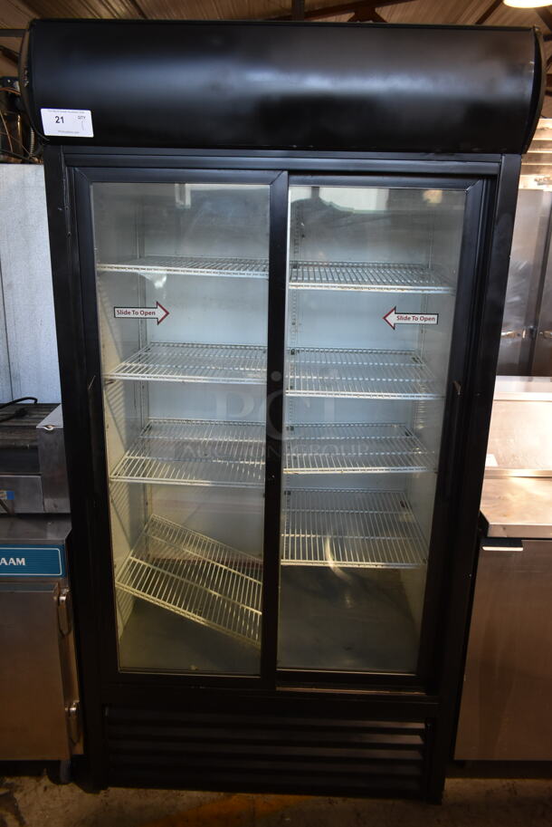 True GDM-33 Metal Commercial 2 Door Reach In Cooler Merchandiser w/ Poly Coated Racks. 115 Volts, 1 Phase. Tested and Working!