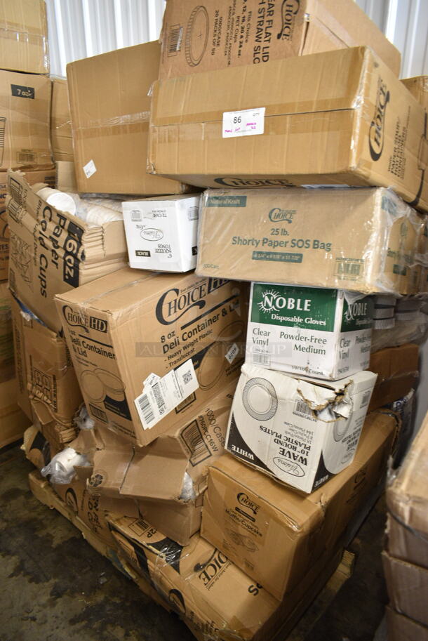 PALLET LOT of 25 BRAND NEW Boxes Including 500CC9 Customizable Plastic Squat Cold Cup, 2 Box Choice Shorty Paper SOS Bag, 500LFLAT Choice Clear Flat Lid with Straw Slot - 9, 12, 16, 20, and 24 oz. - 1000/Case, 394365M Noble Medium Gloves, 347RP10WHSS Visions Wave 10
