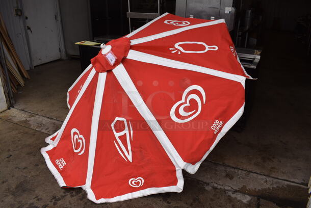 2 Red and White 8' Patio Umbrellas. 2 Times Your Bid! - Image 3 of 7
