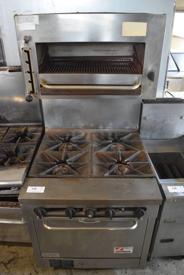 Southbend Commercial Stainless Steel Natural Gas 4 Burner Range With Salamander Convection Oven And Standard Oven With Steel Racks.