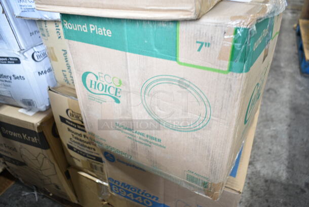 PALLET LOT of 28 BRAND NEW Boxes Including 4 Box 130HCUTFWR Visions Individually Wrapped White Heavy Weight Plastic Fork - 1000/Case, 130BKFSH Visions Wrapped Black Heavy Weight Plastic Cutlery Pack with Knife, Fork, and Spoon - 500/Case, 2 Box 395RP07 EcoChoice Compostable Sugarcane / Bagasse 7" Plate - 1000/Case, 394385L Noble Products White Powder-Free Disposable Latex Gloves for Foodservice - Large - 1000/Case, 612509PCO Choice 9" Round Standard Weight Foil Take-Out Pan with Dome Lid - 200/Case, 795PTOKFT2 Choice 7 3/4" x 5 1/2" x 2" Kraft Microwavable Folded Paper #2 Take-Out Container - 200/Case, 347TCL10 Choice 10 oz. Clear Disposable Plastic Tumbler - 500/Case, 346WKFSM Choice Medium Weight White Wrapped Plastic Cutlery Set with Knife, Fork, and Spoon - 500/Case, 627SSRD35175 Fat Daddio's SSRD-35175 ProSeries 3 1/2" x 1 3/4" Stainless Steel Round Cake / Food Ring Mold, Georgia Pacific Roll Towels 89440, AD12 Genpak 12 oz. Clear Hinged Deli Container - 200/Case, 5008W Choice 8 oz. Tall White Poly Paper Hot Cup - 1000/Case,  50010DWALLC Choice 10 oz. Coffee Break Print Smooth Double Wall Paper Hot Cup - 500/Case, 2 Box 15003545 Carnival King 5 1/2" x 3 1/4" x 12" Qt. Size Unprinted Foil Bag - 500/Case, 612P527 Choice 7" Clear Round Plastic Dome Lid - 500/Case. 28 Times Your Bid!  - Image 8 of 12