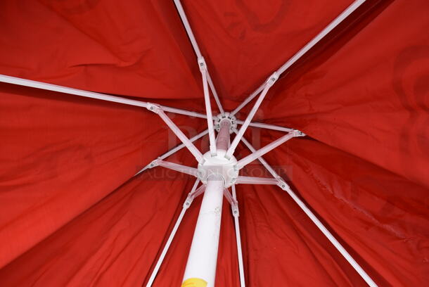 2 Red and White 8' Patio Umbrellas. 2 Times Your Bid! - Image 8 of 9
