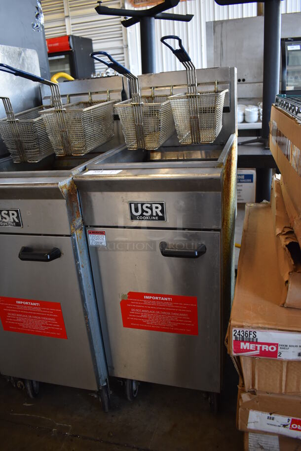 2019 USR Cookline CF-40 Stainless Steel Commercial Floor Style Natural Gas Powered Deep Fat Fryer w/ 2 Metal Fry Baskets on Commercial Casters. 90,000 BTU. 16x30x45 - Image 5 of 10