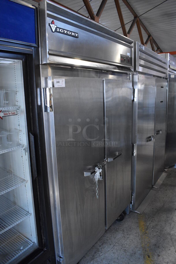 Victory Model RS-2D-S7 Stainless Steel Commercial 2 Door Reach In Cooler w/ Poly Coated Racks on Commercial Casters. 115 Volts, 1 Phase. 52x35x84. Tested and Working!
