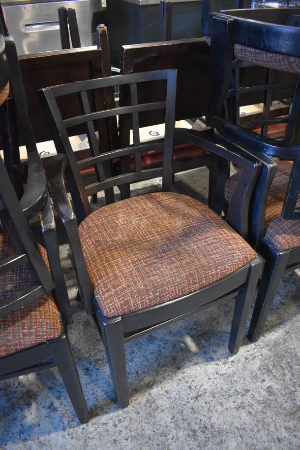 4 Black Wood Pattern Dining Chairs w/ Patterned Seat Cushion and Arm 
Rests. 20x18x33. 4 Times Your Bid! - Image 3 of 5