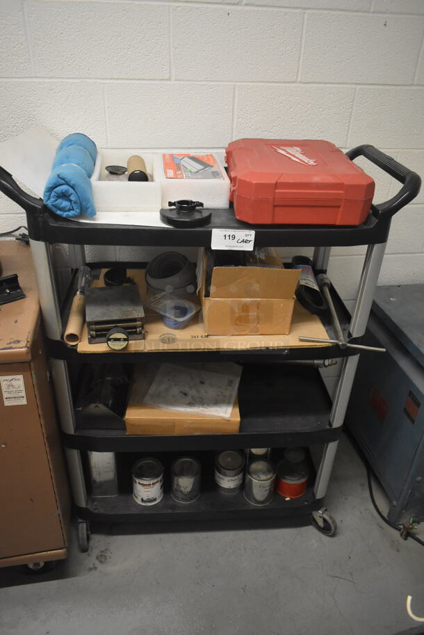 Black and Gray Poly 4 Tier Cart w/ Contents Including Milwaukee Red Hard Case and Metal Tins.  - Image 1 of 7