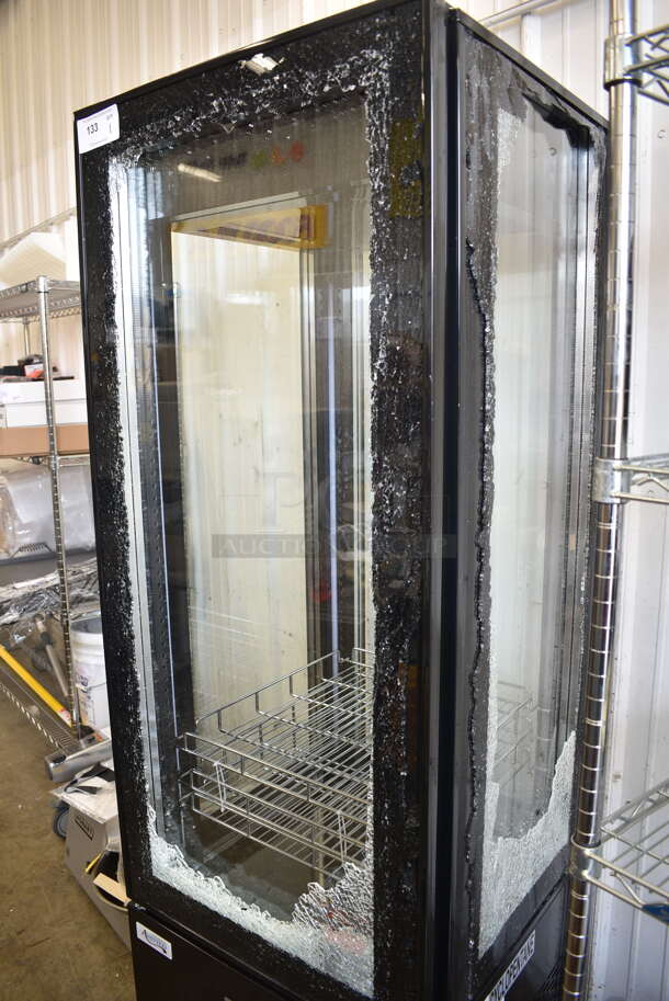 BRAND NEW SCRATCH AND DENT! Avantco 193GD4C15HCB Black 4-Sided Glass Refrigerated Display Case on Commercial Casters. See Pictures for Broken Glass. 110-120 Volts, 1 Phase. Tested and Working! - Image 3 of 10