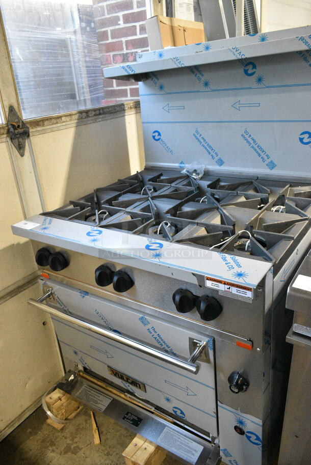 BRAND NEW SCRATCH AND DENT! Vulcan 36S-6BN Stainless Steel Commercial Floor Style Natural Gas Powered Range w/ Oven, Over Shelf and Back Splash. 215,000 BTU - Image 3 of 9