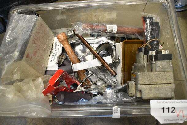 ALL ONE MONEY! Lot of Various Items Including Utensils and Pump in Clear Poly Bin.  - Image 1 of 9
