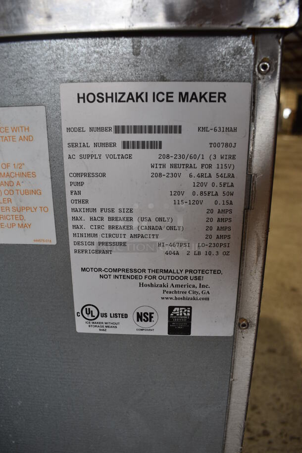 Hoshizaki Model KML-631MAH Stainless Steel Commercial Ice Machine Head. 208-230 Volts, 1 Phase. 30x28x26 - Image 5 of 6