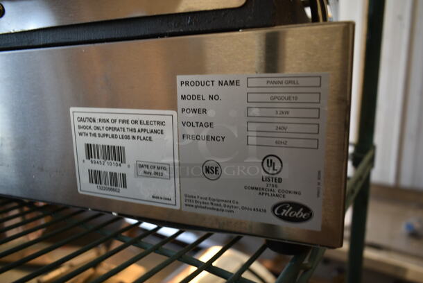 BRAND NEW SCRATCH AND DENT! 2022 Globe GPGDUE10 Stainless Steel Commercial Countertop Double Panini Press. 240 Volts.  - Image 5 of 5