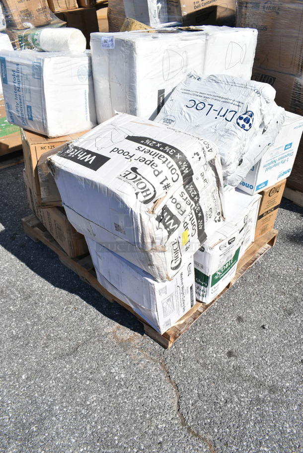 PALLET LOT of 22 BRAND NEW Boxes Including 50020CAFE Choice 20 oz. Café Print Poly Paper Hot Cup - 600/Case, NC12S Fabri-Kal NC12S Nexclear 12 / 14 oz. Clear Customizable Squat Plastic Cup - 1000/Case, 966UPWIDEB1-500 OneUp by Choice White 1-Ply Wide Interfold 6 1/2" x 8 1/2" Dispenser Napkin - 6000/Case, 346WKFSNSPM Medium Weight Wrapped Plastic Cutlery Pack with Napkin and Salt / Pepper, 130WBKFORKH Choice Black Heavy Weight Wrapped Plastic Fork - 1000/Case, 129MCS24B Choice 24 oz. Black Rectangular Microwavable Heavy Weight Container with Lid 8" x 5 1/4" x 2" - 150/Case, 347DC7 Choice 7 oz. Clear Plastic 1-Piece Dessert Cup - 200/Case, 128HD8BULK Choice Heavy Duty 8 oz. Microwavable Translucent Plastic Deli Container - 480/Case, 795PTOWHT1 Choice White Microwavable Folded Paper #1 Take-Out Container 4 3/8" x 3 1/2" x 2 1/2" - 450/Case, 129MCS323CW Choice 36 oz. White 9 3/4" x 7 1/4" x 2" 3-Compartment Rectangular Microwavable Heavy Weight Container with Lid - 150/Case, 129MCS24B Choice 24 oz. Black Rectangular Microwavable Heavy Weight Container with Lid 8" x 5 1/4" x 2" - 150/Case. 22 Times Your Bid!  - Image 1 of 12