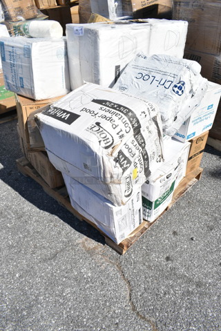 PALLET LOT of 22 BRAND NEW Boxes Including 50020CAFE Choice 20 oz. Café Print Poly Paper Hot Cup - 600/Case, NC12S Fabri-Kal NC12S Nexclear 12 / 14 oz. Clear Customizable Squat Plastic Cup - 1000/Case, 966UPWIDEB1-500 OneUp by Choice White 1-Ply Wide Interfold 6 1/2" x 8 1/2" Dispenser Napkin - 6000/Case, 346WKFSNSPM Medium Weight Wrapped Plastic Cutlery Pack with Napkin and Salt / Pepper, 130WBKFORKH Choice Black Heavy Weight Wrapped Plastic Fork - 1000/Case, 129MCS24B Choice 24 oz. Black Rectangular Microwavable Heavy Weight Container with Lid 8" x 5 1/4" x 2" - 150/Case, 347DC7 Choice 7 oz. Clear Plastic 1-Piece Dessert Cup - 200/Case, 128HD8BULK Choice Heavy Duty 8 oz. Microwavable Translucent Plastic Deli Container - 480/Case, 795PTOWHT1 Choice White Microwavable Folded Paper #1 Take-Out Container 4 3/8" x 3 1/2" x 2 1/2" - 450/Case, 129MCS323CW Choice 36 oz. White 9 3/4" x 7 1/4" x 2" 3-Compartment Rectangular Microwavable Heavy Weight Container with Lid - 150/Case, 129MCS24B Choice 24 oz. Black Rectangular Microwavable Heavy Weight Container with Lid 8" x 5 1/4" x 2" - 150/Case. 22 Times Your Bid! 