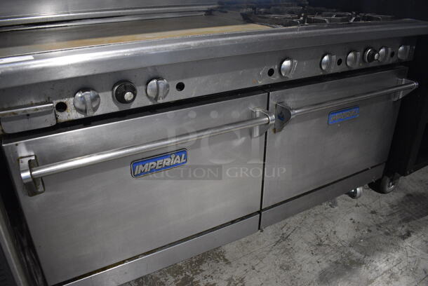 Imperial Stainless Steel Commercial Natural Gas Powered 4 Burner Range w/ Flat Top Griddle, 2 Ovens, Over Shelf and Back Splash on Commercial Casters. 60x32x55 - Image 6 of 9