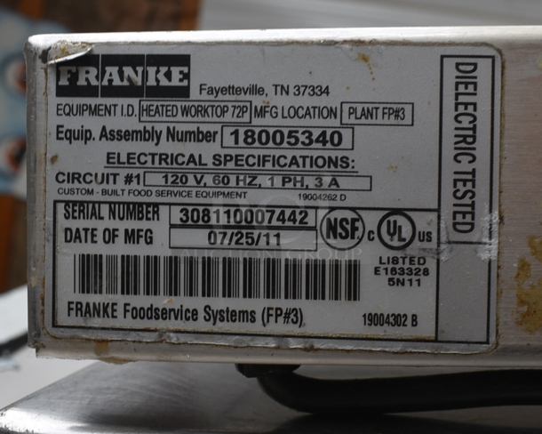 2011 Franke Stainless Steel Commercial Heated Worktop. 120 Volts, 1 Phase. 72x14x3. Tested and Powers On But Does Not Get Warm - Image 4 of 4