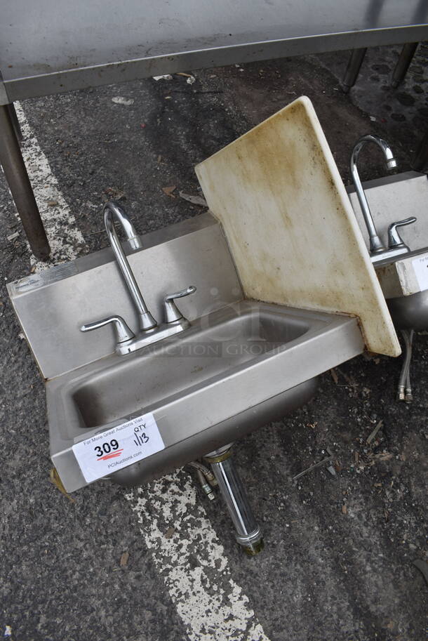 Stainless Steel Single Bay Wall Mount Sink w/ Side Splash Guard, Faucet and Handles. 17x17x24 - Image 2 of 5