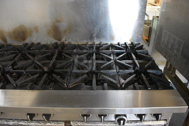 LATE MODEL! 2019 Garland 360-10RR Stainless Steel Commercial Natural Gas Powered 10 Burner Range w/ 2 Ovens, Salamander Cheese Melter and Back Splash. 59x36x72 - Image 4 of 10