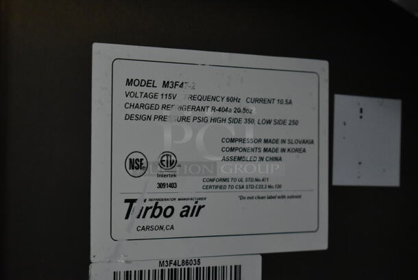 Turbo Air M3F47-2 Stainless Steel Commercial 2 Door Reach In Freezer w/ Poly Coated Racks and Commercial Casters. 115 Volts, 1 Phase. Tested and Powers On But Does Not Get Cold - Image 6 of 6