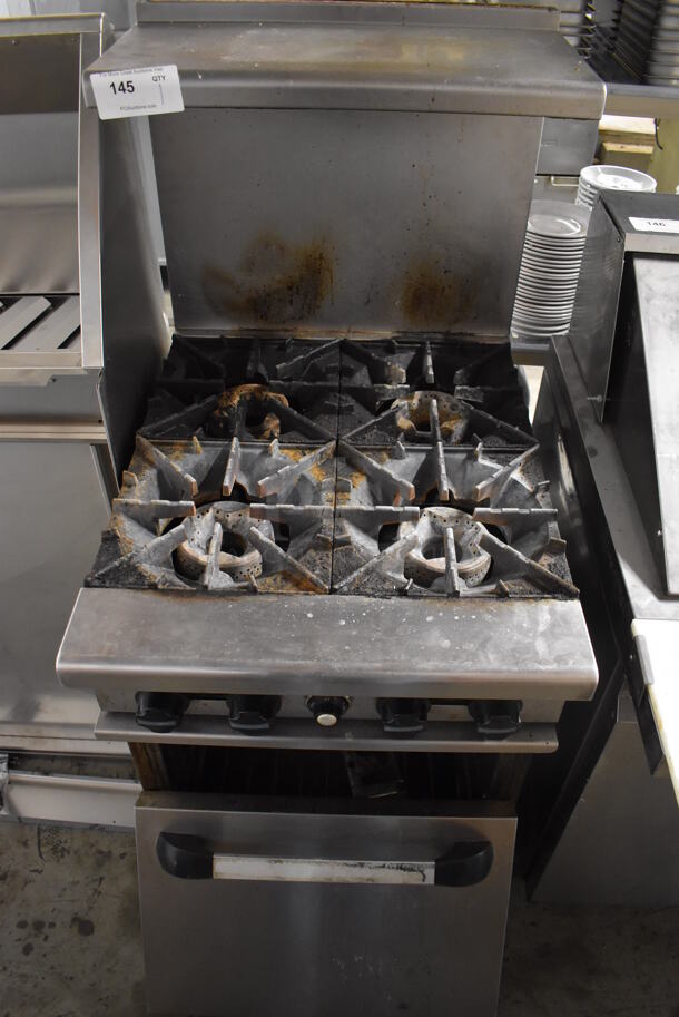 Stianless Steel Commercial Natural Gas Powered 4 Burner Range w/ Oven, Over Shelf and Back Splash on Commercial Casters. Oven Door Needs To Be Reattached. 24x32x57 - Image 1 of 6