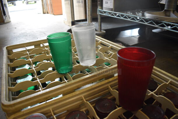 ALL ONE MONEY! Lot of Various Beverage Tumblers in 2 Dish Caddies. 33 Red, 25 Green and 3 Clear. Includes 3x3x5.5