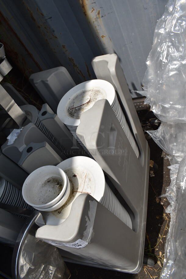ALL ONE MONEY! Lot of Gray Poly Dish Caddy w/ Contents Including Plates, and Chafers.  - Image 4 of 6