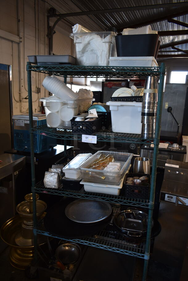 ALL ONE MONEY! Four Tier Lot of Various Items Including Poly Bins and Ceramic Plates. Does Not Include Shelving Unit.  - Image 1 of 8