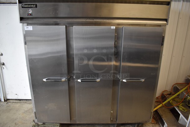 Continental 3F-R Stainless Steel Commercial 3 Door Reach In Freezer w/ Racks. Does Not Have Compressor. Goes GREAT w/ Lot 378! 115 Volts, 1 Phase. 78x36x78