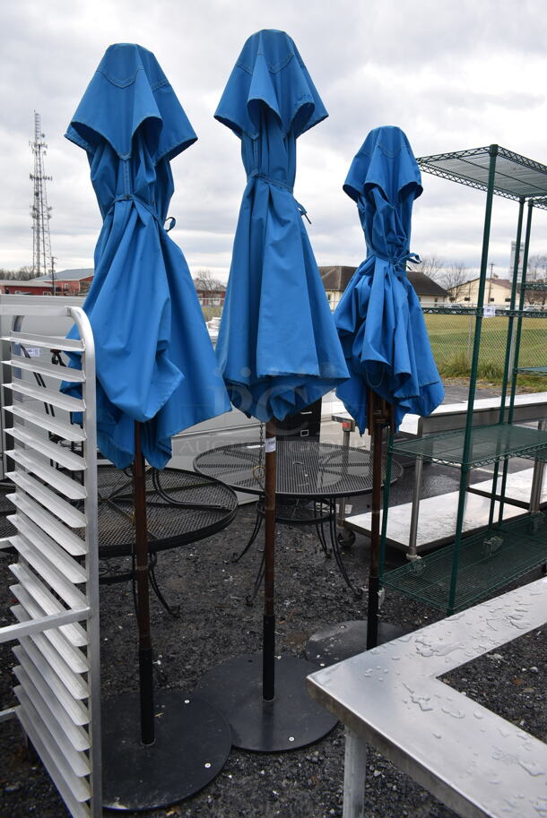 3 Blue Patio Umbrellas on Stands. 3 Times Your Bid!