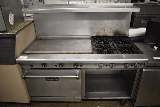 Imperial Stainless Steel Commercial Natural Gas Powered 4 Burner Range, Flat Top Griddle, Oven, Over Shelf and Back Splash on Commercial Casters. 60x31x57