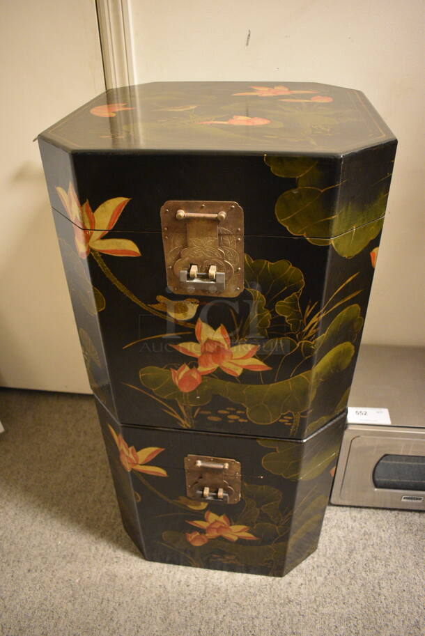 2 Japanese Style Decorative Trunks with Flower Mural. 2 Times Your Bid!