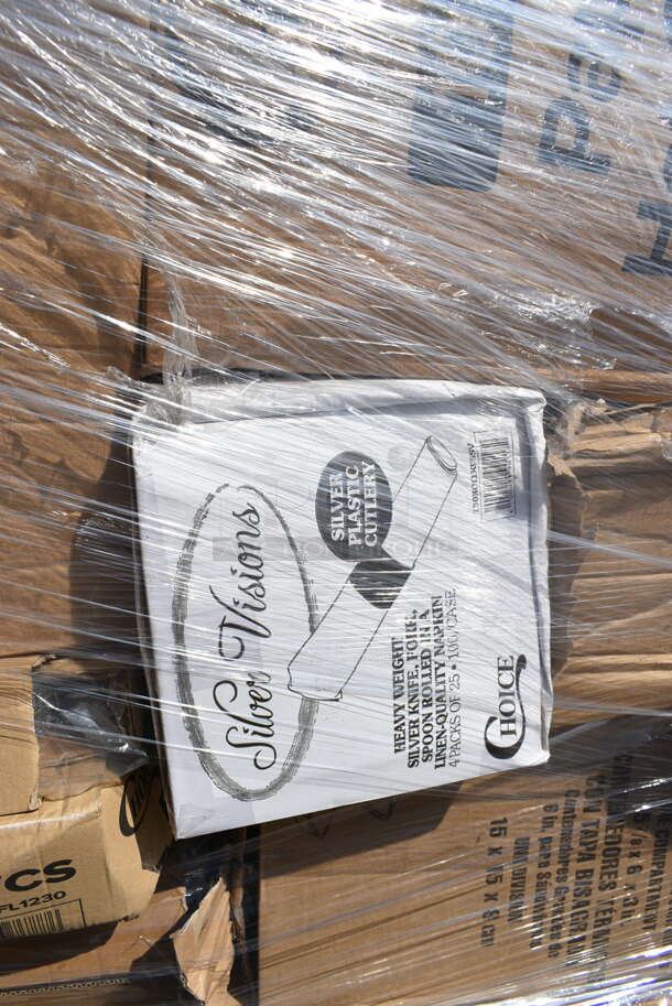 PALLET LOT of 30 BRAND NEW Boxes Including 760IC08W Choice 8 oz. White Paper Frozen Yogurt / Food Cup - 1000/Case, Dart 60HT1 White Foam Hinged Lid Container 6" x 6" x 3" - 500/Case, 2 box 612FFL1230 Choice Foil Steam Table Pan Lid - Full Size - 50/Case, 50020W Choice 20 oz. White Poly Paper Hot Cup, 50010W Choice 10 oz. White Poly Paper Hot Cup - 1000/Case, 127RD32BULK Choice 32 oz. Customizable Microwavable Translucent Round Deli Container - 500/Case, 50012W Choice 12 oz. White Poly Paper Hot Cup - 1000/Case, 395TO991 EcoChoice 9" x 9" x 3" Compostable Sugarcane / Bagasse 1 Compartment Take-Out Box - 200/Case, 500TW16S Choice 16 oz. Translucent Thin Wall Squat Plastic Cold Cup - 1000/Case, 760PCCLEM22 Carnival King 22 oz. Poly Paper Lemonade Cup - 1000/Case. 30 Times Your Bid!  - Image 6 of 12
