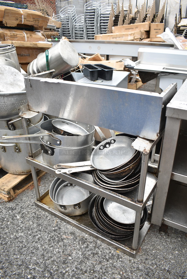 Stainless Steel 2 Tier Over Shelf w/ Contents Including Metal Skillets and Sauce Pans - Image 1 of 7