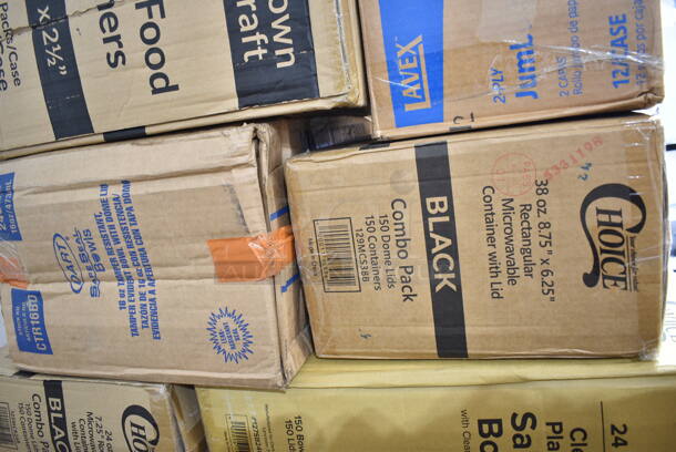 PALLET LOT of 27 BRAND NEW Boxes Including C54HT1 Dart Clearseal 5" Hinged Clear Slice Container - 250/Case, 433NHT101H Choice 1/6 Standard Size White "Thank You" Medium-Duty Plastic T-Shirt Bag - 1000/Case, 129MCS38B Choice 38 oz. Black Rectangular Microwavable Heavy Weight Container with Lid 8 3/4" x 6 1/4" x 2" - 150/Case, 127CH16 Choice 16 oz. Clear RPET Hinged Deli Container - 200/Case, 129MCR24B Choice 24 oz. Black Round Microwavable Heavy Weight Container with Lid 7 1/4" - 150/Case, 44712191261 Avantco A Plus 44712191261 Gasket for APST-27-8 Prep Tables, 5002TPJEC Lavex 2-Ply 550' Universal Jumbo Toilet Paper Roll with 7 1/2" Diameter - 12/Case, 795PTOKFT8 Choice Kraft Microwavable Folded Paper #8 Take-Out Container 6" x 4 3/4" x 2 1/2" - 300/Case, CTR16BD Dart SafeSeal 16 oz. Plastic Tamper-Resistant, Tamper-Evident Bowl with Dome Lid - 240/Case, 127SB24COMBO Choice 24 oz. Clear Plastic Salad Bowl with Lid - 150/Case, 129MCR24B Choice 24 oz. Black Round Microwavable Heavy Weight Container with Lid 7 1/4" - 150/Case, 433NACHOS Carnival King Small Clear 2 Compartment Plastic Nacho Tray - 500/Case, 50012W Choice 12 oz. White Poly Paper Hot Cup - 1000/Case, 500TO883 Choice 8" x 8" x 3" Microwaveable 3-Compartment Black / Clear Plastic Hinged Container - 100/Case, Dart 85HT3R 8" x 8" x 3" White Foam Three-Compartment Square Take Out Container with Perforated Hinged Lid - 200/Case. 27 Times Your Bid! - Image 11 of 12