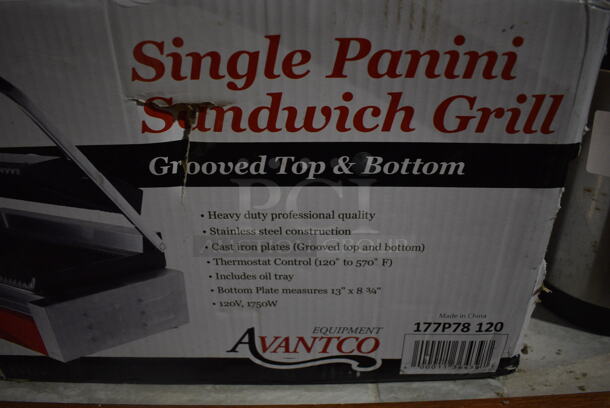 BRAND NEW IN BOX! Avantco 177P78  Stainless Steel Commercial Countertop Panini Press. 120 Volts, 1 Phase. 16x15x9. (bar) - Image 5 of 5